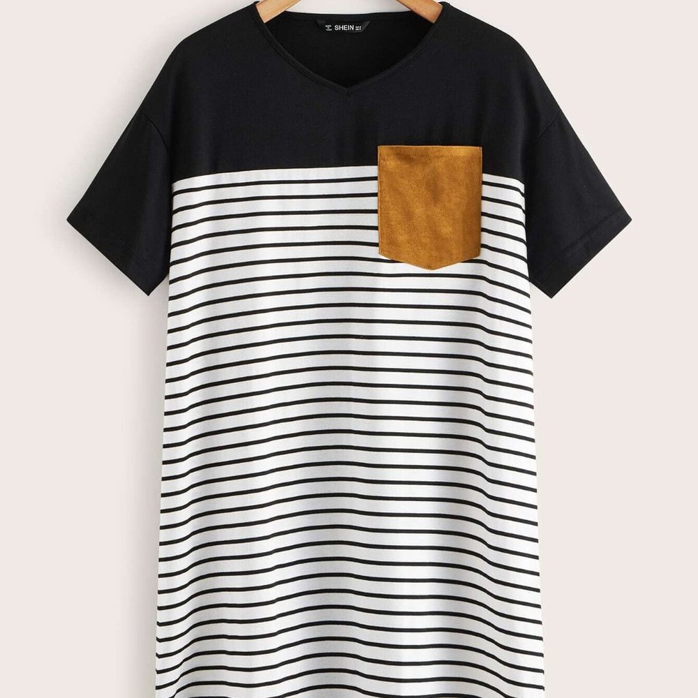 $15 if bundled - SHEIN Suede Pocket Patched Striped Two Tone Tee Dress